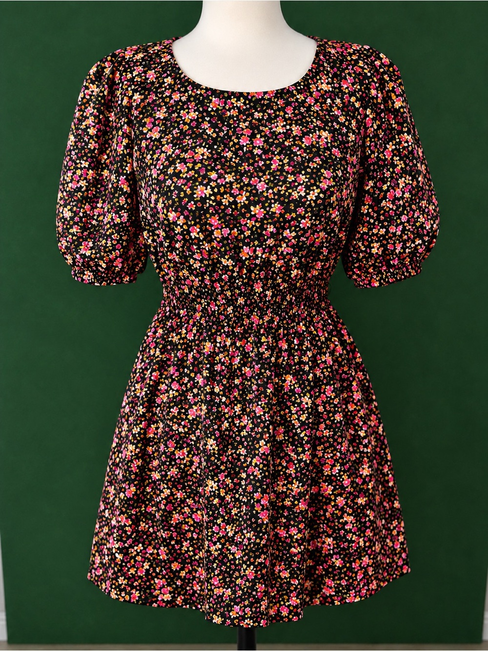 Old Navy Black Floral Smocked Mini Dress with Pink & Yellow Flowers